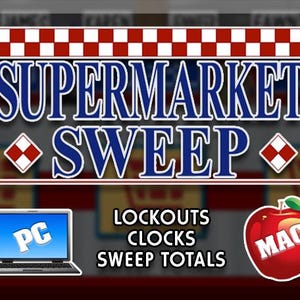 Puede incluir: Una pancarta a cuadros rojos y blancos con el texto "SUPERMARKET SWEEP" en azul. Debajo de la pancarta hay dos logotipos, uno para una PC y otro para una Mac. El texto "Lockouts Clocks Sweep Totals" está debajo de los logotipos.