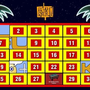 May include: A game board with a yellow grid and red numbers 2 through 30. The board is set against a blue background with palm trees and stars. The text 'Slot Reel' is at the top of the board. The words 'Ring Diamond' and 'Mexican Cruise' are on the sides of the board.