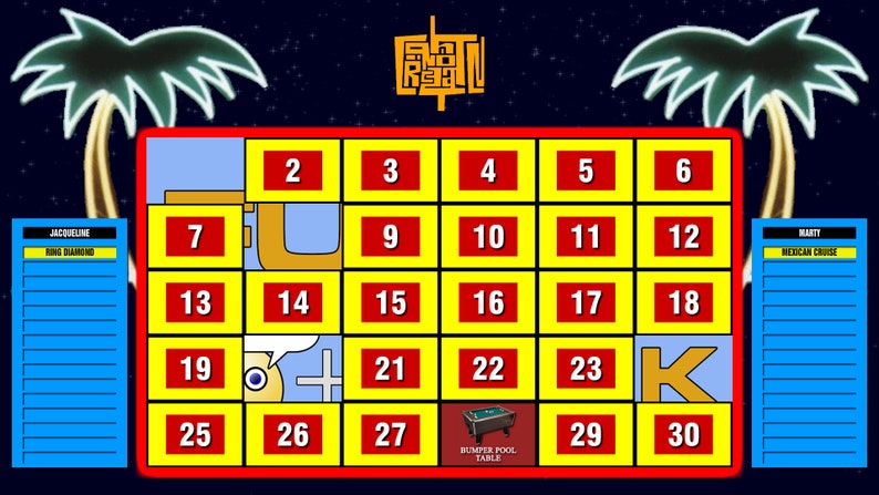 May include: A game board with a yellow grid and red numbers 2 through 30. The board is set against a blue background with palm trees and stars. The text 'Slot Reel' is at the top of the board. The words 'Ring Diamond' and 'Mexican Cruise' are on the sides of the board.