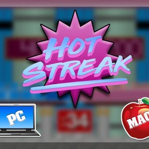 May include: A graphic with the words "HOT STREAK" in blue and pink, set against a starburst shape. A laptop with "PC" on the screen and an apple with "MAC" are also present. The background is a blurred interior.