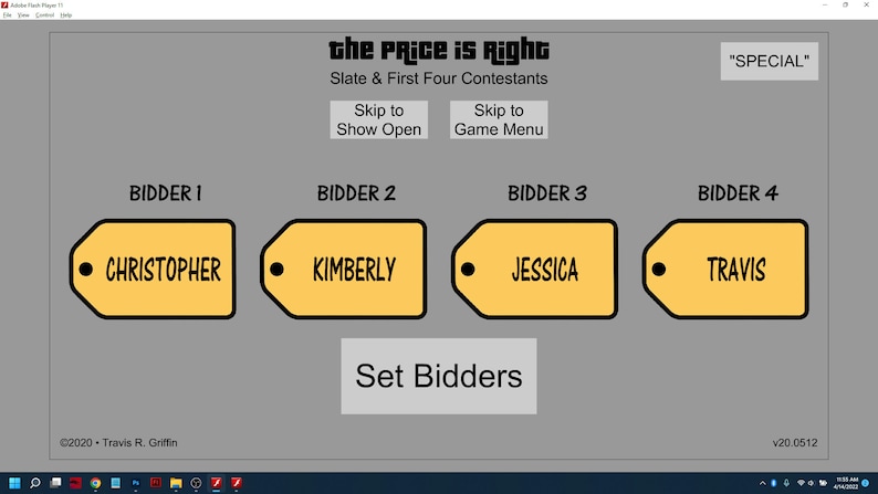 Puede incluir: Una pantalla de ordenador que muestra un juego llamado "The Price is Right". El juego est&aacute; en proceso de configurar los cuatro primeros concursantes, con sus nombres mostrados en etiquetas amarillas: Christopher, Kimberly, Jessica y Travis.