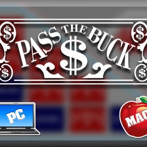 May include: A computer screen with the word "PC" on it, a red apple with the word "MAC" on it, and a white sign with the words "Pass the Buck" in a stylized font.