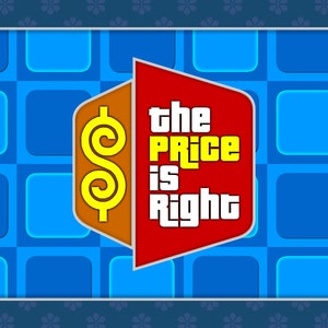 Puede incluir: Un logotipo rojo y marr&oacute;n con un signo de d&oacute;lar amarillo y el texto "The Price is Right" sobre un fondo a cuadros azules.