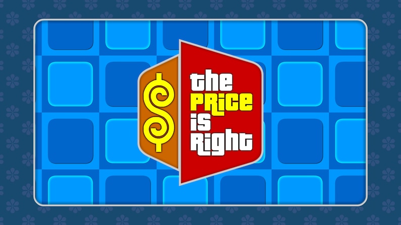 Puede incluir: Un logotipo rojo y marr&oacute;n con un signo de d&oacute;lar amarillo y el texto "The Price is Right" sobre un fondo a cuadros azules.
