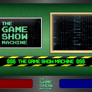 Puede incluir: Una pantalla verde con un marco negro y un borde rayado amarillo y negro. La pantalla muestra el texto "THE GAME SHOW MACHINE" en una fuente pixelada. Hay dos pantallas m&aacute;s peque&ntilde;as con un fondo negro y un patr&oacute;n pixelado azul y blanco. Una pancarta rayada amarilla y negra dice "$$$ THE GAME SHOW MACHINE $$$". Debajo de la pancarta hay dos botones, uno rojo y uno azul. El bot&oacute;n azul tiene el texto "THE GAME SHOW MACHINE" en una fuente pixelada.