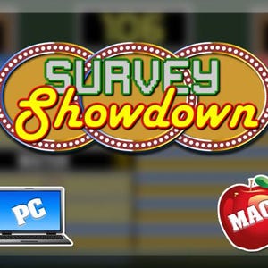 May include: A game show logo with the text "SURVEY Showdown" in a yellow, red, and white circle. A laptop computer with the text "PC" on the screen is on the left side of the image. A red apple with the text "MAC" on it is on the right side of the image.