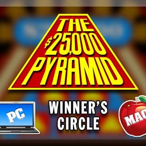 May include: A red triangle with yellow text that reads "The $2,500 Pyramid Winner's Circle". A blue laptop with the word "PC" on the screen is on the left side of the image. A red apple with a green leaf and the word "MAC" on it is on the right side of the image.