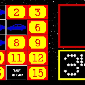 May include: A game board with a red and yellow grid of numbers 2, 3, 6, 8, 9, 10, 11, 12, 13, and 15. The board also has a black square with the text 'FAMILY TRUCKSTER' and a yellow square with a digital display showing the number 34.