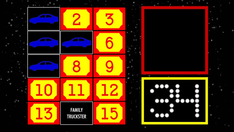 May include: A game board with a red and yellow grid of numbers 2, 3, 6, 8, 9, 10, 11, 12, 13, and 15. The board also has a black square with the text 'FAMILY TRUCKSTER' and a yellow square with a digital display showing the number 34.