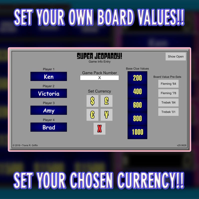 Pu&ograve; includere: Interfaccia di gioco digitale con il testo "SUPER JEOPARDY!". Offre opzioni per impostare i valori della tabella e la valuta. L'interfaccia include nomi di giocatori, simboli di valuta e valori di tabella preimpostati.