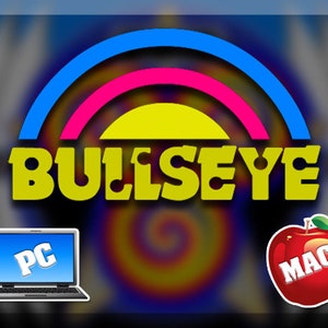 May include: A colorful rainbow graphic with the word "BULLSEYE" in yellow letters. A laptop computer with the word "PC" on the screen and a red apple with the word "MAC" on it.