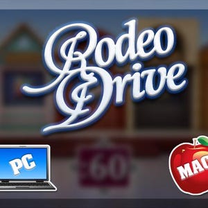 May include: The image features the text "Rodeo Drive" in a stylized white font with a blue outline. Below the text is a laptop with "PC" on the screen and a red apple with "MAC" on it. The background is a blurred image of buildings.