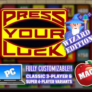 Peut inclure: Publicité pour un jeu numérique avec le texte "PRESS YOUR LUCK" en jaune et rouge. L'image comprend un graphisme de magicien, un ordinateur portable avec "PC" à l'écran et une pomme avec "MAC". Le texte indique "FULLY CUSTOMIZABLE!!" et "CLASSIC 3-PLAYER & SUPER 4-PLAYER VARIANTS".