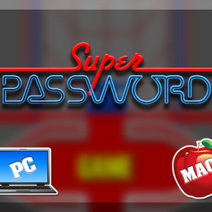 May include: A red apple with the word "MAC" on it, a laptop with the word "PC" on the screen, and a red and blue neon sign that says "Super PASSWORD".
