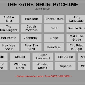 Puede incluir: Una cuadr&iacute;cula gris y blanca con el texto "THE GAME SHOW MACHINE" en la parte superior. La cuadr&iacute;cula contiene una lista de nombres de programas de juegos, incluyendo "Jeopardy!" y "Wheel of Fortune".