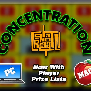 May include: Concentration game with a green and yellow background. The game title is in a black and green font. The game features a laptop with a PC logo and an apple with a MAC logo. The text reads 'Now With Player Prize Lists'.