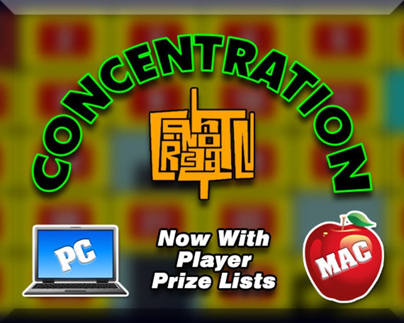 May include: Concentration game with a green and yellow background. The game title is in a black and green font. The game features a laptop with a PC logo and an apple with a MAC logo. The text reads 'Now With Player Prize Lists'.