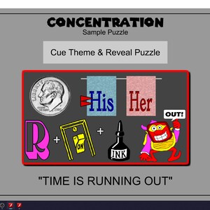May include: A computer screen displaying a game called 'Concentration.' The game has a sample puzzle with a dime, a light blue towel, a pink towel, a pink letter 'R', a light yellow switch with the word 'ON' on it, a black ink bottle with the word 'INK' on it, and a cartoon character with the word 'OUT!' above it. The text 'TIME IS RUNNING OUT' is displayed below the puzzle. The words 'Game Info,' 'Cue Theme & Reveal Puzzle,' and 'Cars & Title' are displayed at the top of the screen.