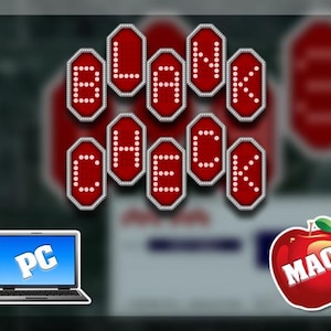 May include: Image features the text "BLANK CHECK" in red, illuminated, marquee-style letters. A laptop with "PC" on the screen and a red apple with "MAC" are also present, suggesting a tech or computer-related theme.