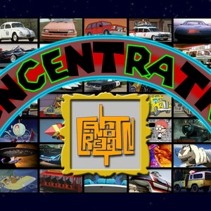 May include: A neon sign with the word 'CONCENTRATION' in black letters with green and red outlines. The sign is curved and has a blue outline. The sign is in front of a grid of 36 images of different vehicles. The images are in a variety of colors and styles. The images are arranged in a grid of 6 rows and 6 columns. The images include a red race car, a blue van, a yellow school bus, a green spaceship, a red train, a white car, a blue car, a brown car, a black car, a white van, a red van, a green van, a yellow van, a blue truck, a red truck, a green truck, a yellow truck, a blue car, a red car, a green car, a yellow car, a white car, a black car, a brown car, a white van, a black van, a brown van, a white truck, a black truck, a brown truck, a white car, a black car, a brown car, a white van, a black van, and a brown van.