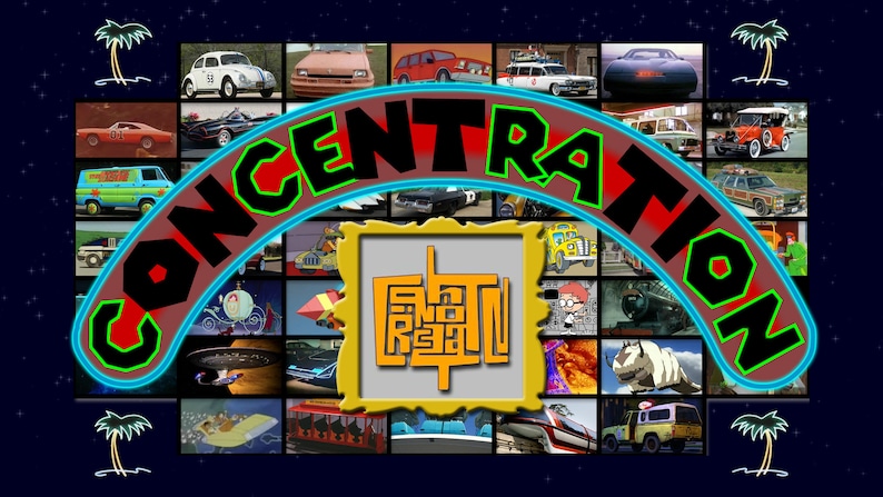 May include: A neon sign with the word 'CONCENTRATION' in black letters with green and red outlines. The sign is curved and has a blue outline. The sign is in front of a grid of 36 images of different vehicles. The images are in a variety of colors and styles. The images are arranged in a grid of 6 rows and 6 columns. The images include a red race car, a blue van, a yellow school bus, a green spaceship, a red train, a white car, a blue car, a brown car, a black car, a white van, a red van, a green van, a yellow van, a blue truck, a red truck, a green truck, a yellow truck, a blue car, a red car, a green car, a yellow car, a white car, a black car, a brown car, a white van, a black van, a brown van, a white truck, a black truck, a brown truck, a white car, a black car, a brown car, a white van, a black van, and a brown van.