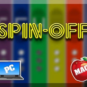 May include: A graphic with the word "SPIN-OFF" in yellow, outlined in black, with a laptop labeled "PC" and an apple with "MAC" on it. The background features a rainbow of colors.