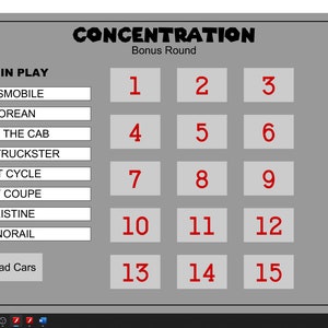 May include: A computer screen displaying a game called 'Concentration: Bonus Round.' The game features a list of cars in play, including Bluesmobile, Delorean, Benny the Cab, Family Truckster, Light Cycle, Cozy Coupe, Christine, and Monorail. The game also features a timer, a clock, and buttons for setting, clearing, starting, and stopping the clock. The timer is set to 31 seconds.