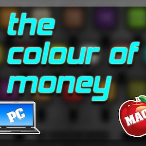 May include: A colourful background with the text "the colour of money" in blue and cyan. A laptop computer with the text "PC" on the screen is on the left side of the image. A red apple with a white bite mark and the text "MAC" on it is on the right side of the image.