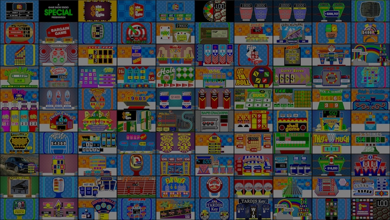 Puede incluir: Un collage de tableros de juego coloridos con varios temas, que incluyen "Bargain Game", "Hole in One", "Let 'em Roll", "Lucky Seven", "Shell Game" y "That's How Much".