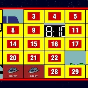 May include: A yellow and red game board with numbers 1 through 30 in red squares. The board has a digital timer displaying 18:10. The board also has two surf jet images with the text 'surf jet' below each image.