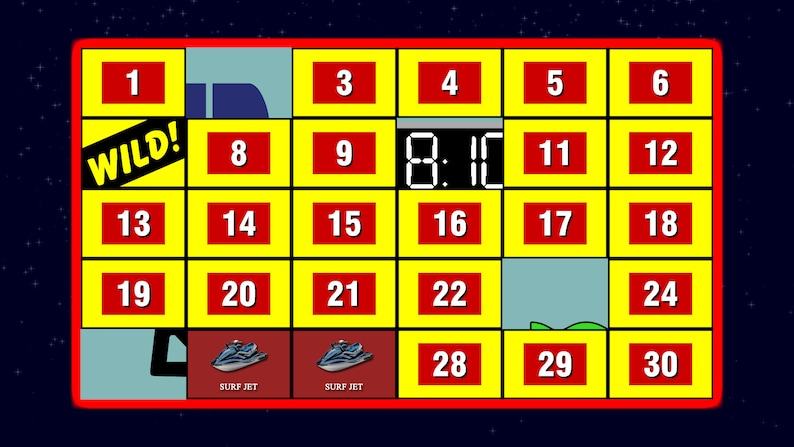 May include: A yellow and red game board with numbers 1 through 30 in red squares. The board has a digital timer displaying 18:10. The board also has two surf jet images with the text 'surf jet' below each image.