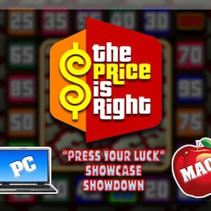 May include: The Price is Right logo with a yellow dollar sign and red background. The text "The Price is Right" is displayed in white. A laptop with "PC" on the screen and a red apple with "MAC" are also shown.