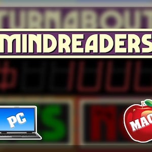 May include: An image featuring the text "MINDREADERS" in a purple and cream-colored rectangular box. Below the text is a blurred display with numbers. The image also includes a laptop with "PC" on the screen and a red apple with "MAC" on it.