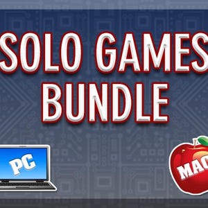 Puede incluir: Gráfico digital con las palabras "SOLO GAMES BUNDLE" en letras blancas con contorno rojo. También se muestra un portátil con "PC" en la pantalla y una manzana roja con "MAC", lo que sugiere compatibilidad.
