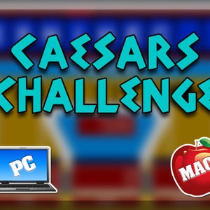 May include: A graphic with the text "<CAESARS CHALLENGE>" in teal blue letters. A laptop computer with the text "PC" on the screen is on the left side of the image. A red apple with a green leaf and the text "MAC" on it is on the right side of the image.