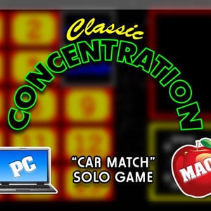 May include: A digital game advertisement with the words "Classic Concentration" in yellow and green. The image includes a laptop with "PC" on the screen, a red apple with "MAC", and the text "CAR MATCH" SOLO GAME.