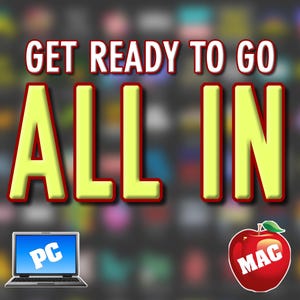 May include: Image with the text "GET READY TO GO ALL IN" in red and yellow, with a laptop labeled "PC" and an apple labeled "MAC". The background is a blurred pattern of various colors.