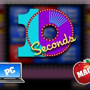 以下が含まれることがあります： レトロなスタイルの「10 Seconds」というテキストのデジタルグラフィック。数字の「1」は水色で、「0」は紫で赤い縁取りがあります。「PC」と表示されたラップトップと「MAC」と書かれた赤いリンゴも表示されています。