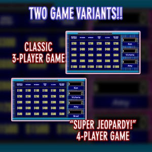 Pu&ograve; includere: Immagine di un tabellone di gioco con due varianti: un classico gioco a 3 giocatori e un gioco "Super Jeopardy!" a 4 giocatori. I tabelloni sono blu con bordi rosa e presentano importi in dollari e categorie.