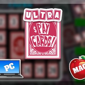 May include: A graphic with the text "ULTRA PAY CARDS!" in a red and white design. A laptop with "PC" on the screen and a red apple with "MAC" are also shown. The background is a blurred pattern of playing cards.
