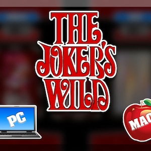 May include: A red and white logo for the game "The Joker's Wild" with the text "PC" on a laptop computer and "MAC" on a red apple.