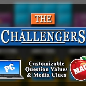 Puede incluir: El logotipo del programa de juegos The Challengers con un fondo azul y texto blanco. El texto dice "THE CHALLENGERS". Debajo del logotipo hay dos computadoras portátiles, una con una pantalla azul y el texto "PC" y la otra con una manzana roja y el texto "MAC". El texto "Valores de preguntas y pistas multimedia personalizables" está debajo de las computadoras portátiles.