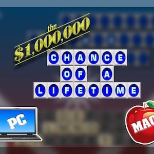 May include: An image with the text "the $1,000,000 Chance of a Lifetime" in a stylized font. A laptop labeled "PC" and an apple with "MAC" are also present. The background is a gradient of blue and red.