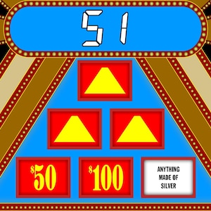 May include: A game show set with a blue background and a red, white, and gold frame. The game show timer shows 51 seconds. There are three red squares with yellow triangles inside. The squares are arranged in a pyramid shape. Below the squares are three options: $50, $100, and "Anything made of silver".