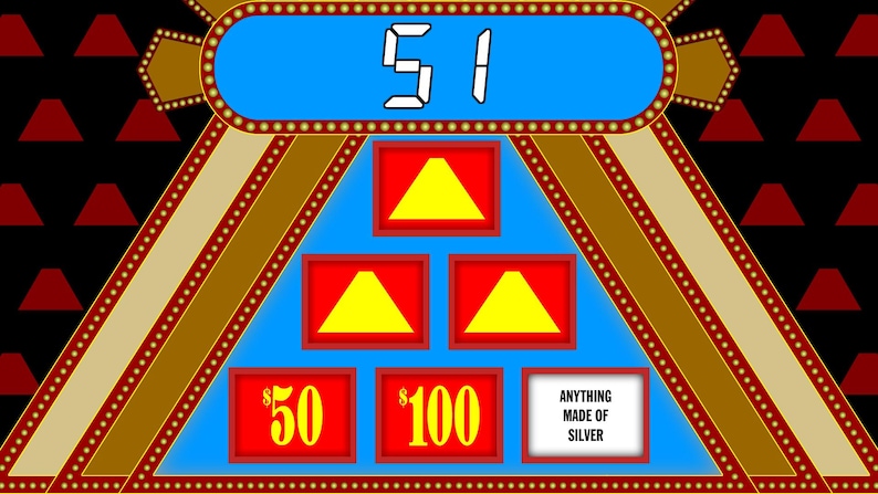 May include: A game show set with a blue background and a red, white, and gold frame. The game show timer shows 51 seconds. There are three red squares with yellow triangles inside. The squares are arranged in a pyramid shape. Below the squares are three options: $50, $100, and "Anything made of silver".