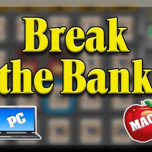 Könnte beinhalten: Bild mit dem Text "Break the Bank" in gelben Buchstaben. Ein Laptop mit "PC" auf dem Bildschirm befindet sich links, und ein roter Apfel mit "MAC" rechts. Der Hintergrund ist ein verschwommenes Bild eines Rasters.