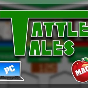 May include: A green and white logo that reads "TATTLE TALES" with a laptop labeled "PC" and a red apple with "MAC" text. The background is a blurred green and white.