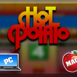 Może przedstawiać: Gra komputerowa o nazwie "Hot Potato" z czerwono-żółtym logo. Gra jest dostępna zarówno na PC, jak i na Maca. Wersja na PC jest pokazana na laptopie z niebieskim ekranem, na którym widnieje napis "PC". Wersja na Maca jest pokazana na czerwonym jabłku z białym ugryzieniem. Jabłko ma napis "MAC".