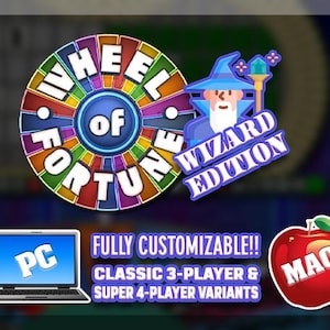 Può includere: Una grafica di gioco Wheel of Fortune Wizard Edition con una ruota colorata, un personaggio mago, un'icona di computer portatile PC e un'icona di mela rossa MAC. Il testo recita FULLY CUSTOMIZABLE!! CLASSIC 3-PLAYER & SUPER 4-PLAYER VARIANTS.