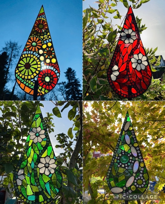 Arinna Mosaic Glass Raindrop Garden Stake Suncatcher Flower Stake